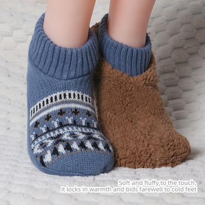 Chaussettes pantoufles d'hiver rétro épaissies doublées polaire chaussettes basses chaussettes pantoufles antidérapantes à la cheville avec picots pour la maison la chambre à coucher les moments de détente en intérieur