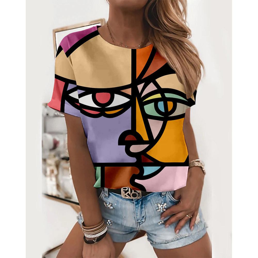 

Футболки Harajuka с пейзажным принтом, женские универсальный пуловер с коротким рукавом, летние новые дизайнерские повседневные футболки с круглым вырезом, женские топы 8XL