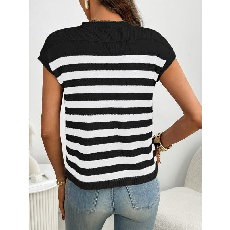 Summer New Women's Round Neck Top Thick Stitch Casual Striped Sweater