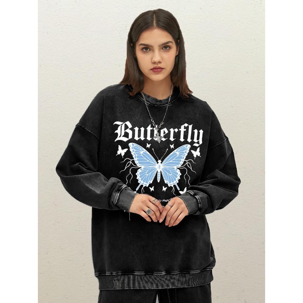 

Lightning Butterfly Art Character Pattern Woman Washed Sweatshirt Loose Cotton Pullovers Casual Sportswear Clothes S