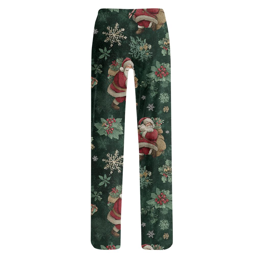 Ladies' Loose And Casual Christmas Printed Wide Leg Pants With Elastic Waistband Drawstring And Pocket Pants