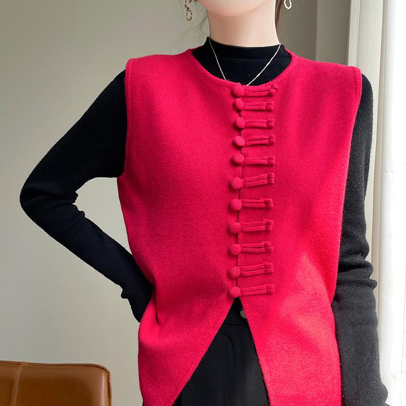 

Новый китайский круглый вырез с пряжкой из пряжки вязаный жилет женский повседневный осенне-зимний комплект без рукавов 2XL красный