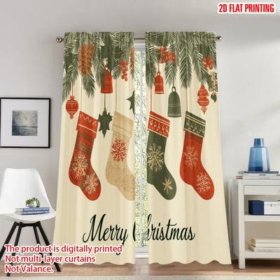 Set Of 2 Classic Flat Printing Christmas Curtains Socks Stockings Winter Holiday Digital Printed Polyester Drapes Curtain