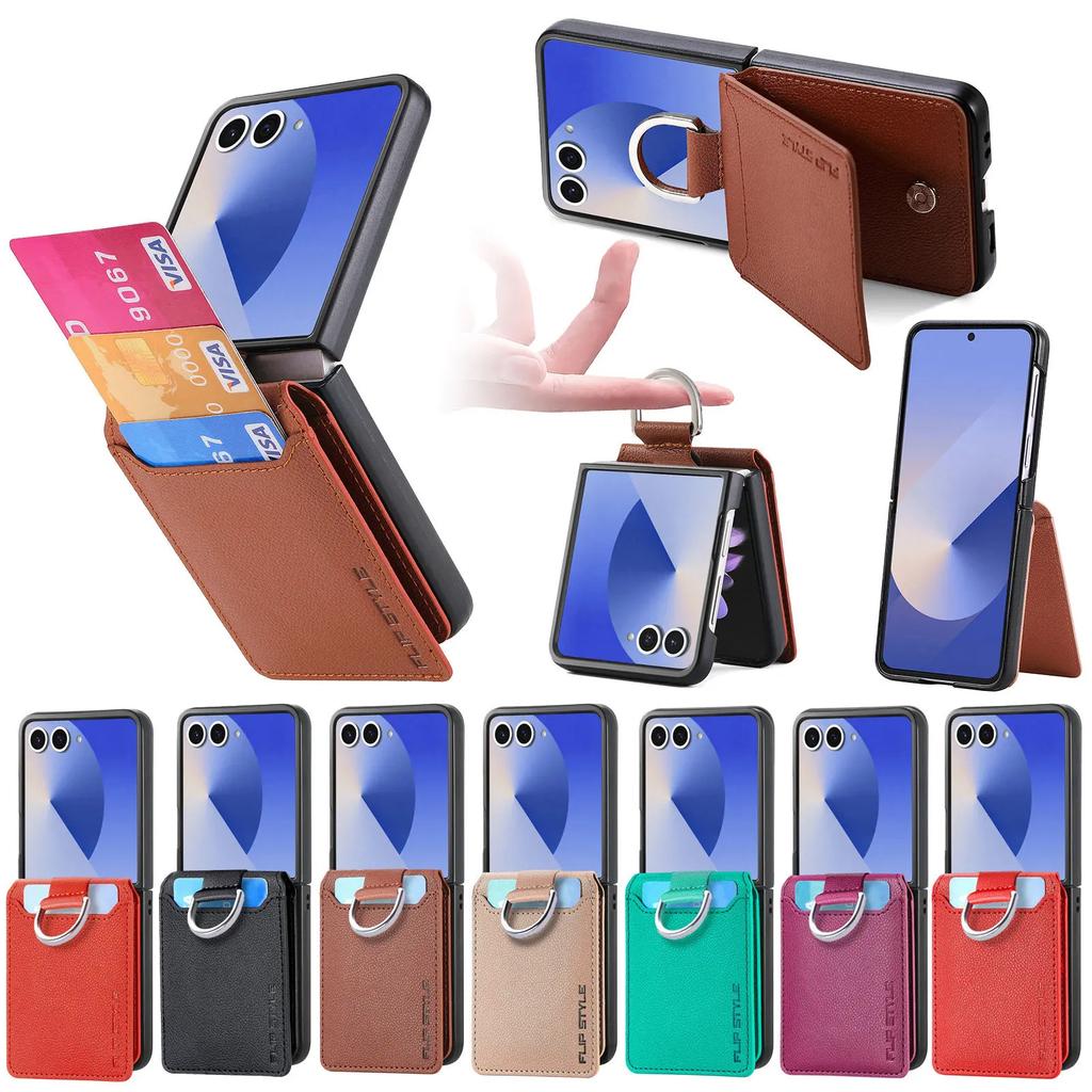 Leather Wallet with Card Holder Cover for Samsung Galaxy Z Flip 7 fe 6 5 4 3 Flip7 Flip6 Flip5 Phone Case Ring Protective