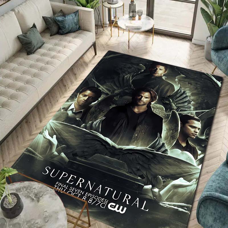 Supernatural TV Show Print Flannel Area Rug Non‑Slip Soft Floor Mat For Sofa Bedroom Game Room Living Room Home Decor Gift