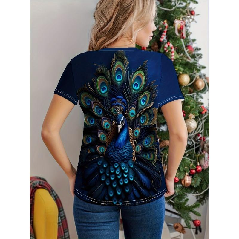 Tricou Damă - Grafică Pană de Păun, Design Păsări Vibrante Luxe pentru Purtare Casual Zilnică