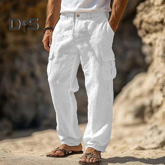 Men's Casual Straight Trousers Solid Color Streetwear Pants Loose Fit Beach Style Pants with Multiple Pockets for Fitness Travel Daily Wear