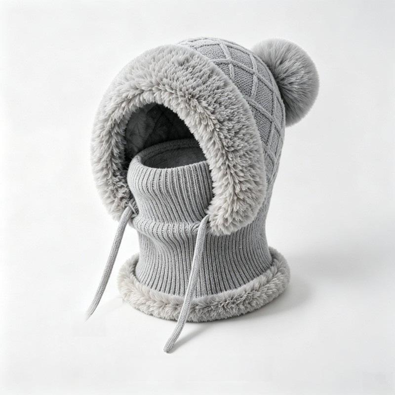Plush ear protectors knitted hat scarf mask integrated ski warm hat women's winter wool one-piece hat