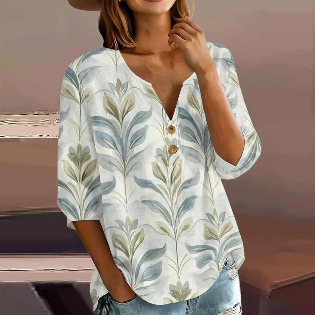 Women Henley Neck Button Front Cotton Linen Shirt with Leaf Print Three Quarter Sleeves Relaxed Fit Blouse Top
