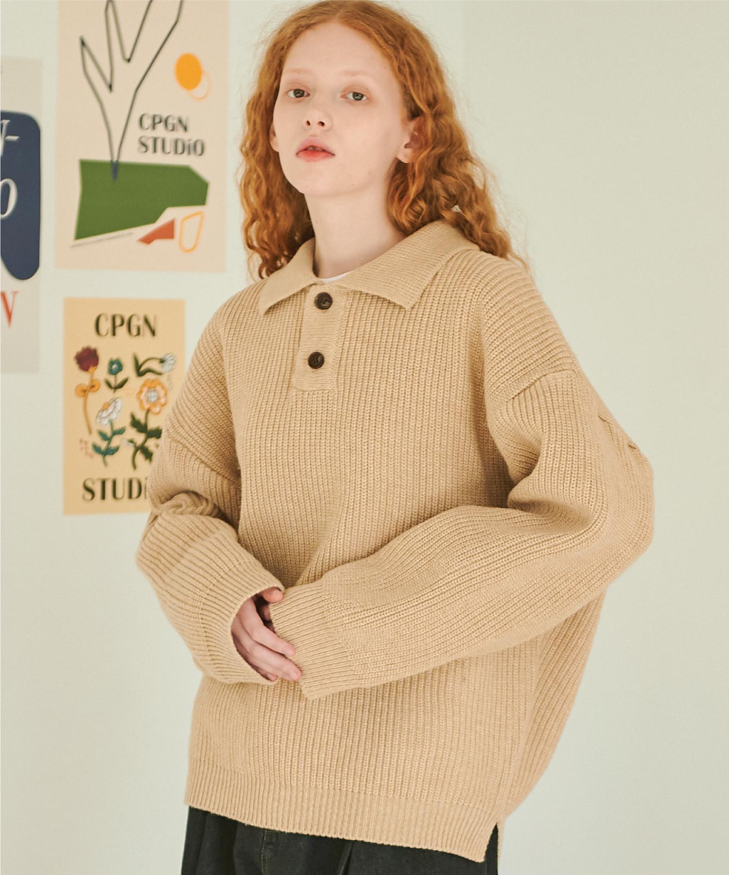 Heavy Overfit Pullover Collared Sweater Oatmeal Oatmeal/L