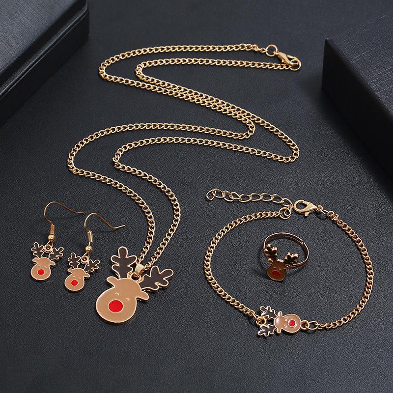 Christmas Necklace Set, Cute Santa Drip Oil Alloy Ring Earrings Bracelet Combination Set