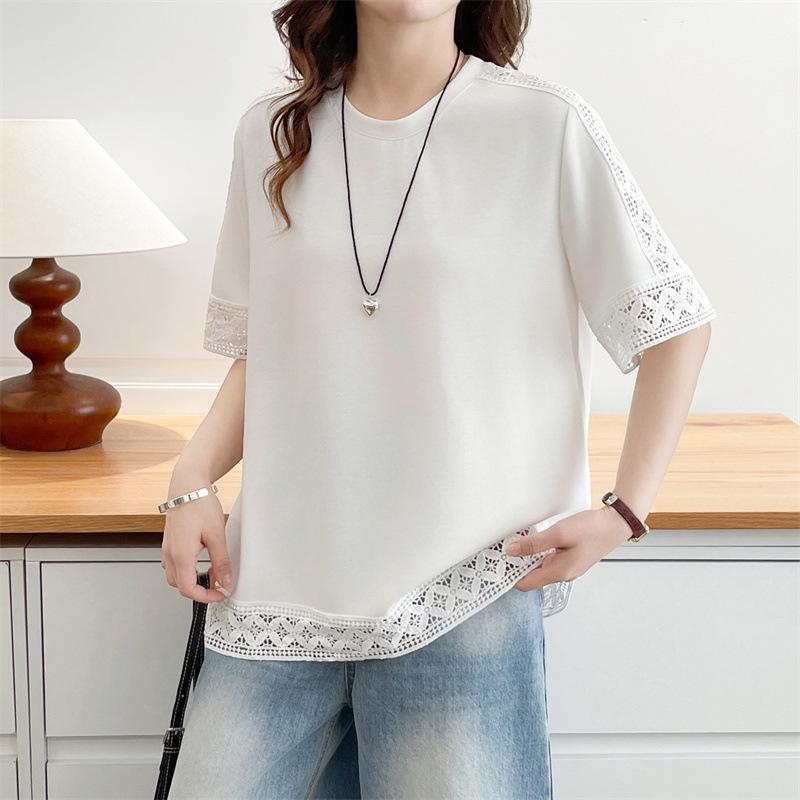 Plus Size Women's Hollow Out Shoulder Patchwork Top: Short Sleeve, Round Neck, Summer 2026 French Style Shirt.