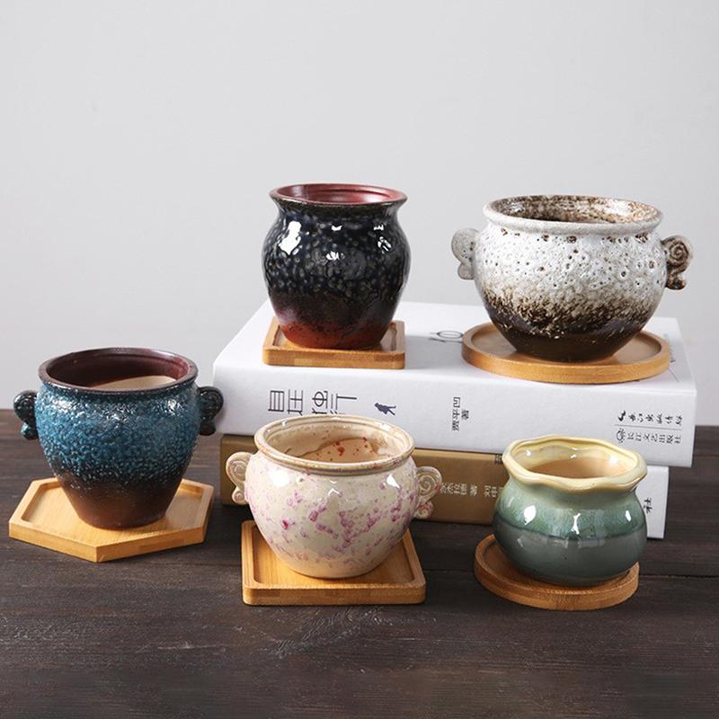 Einfacher Stil Hausdekoration Sukkulenten Bonsai Halter Runde Quadratische Blumentopf Basis Bambus Holz Tablett