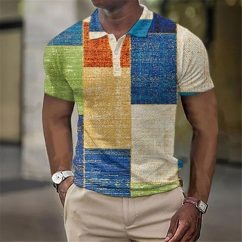 Multi Block Color Blocking Pattern 3D Digital Printing Men's Casual Polo Shirt