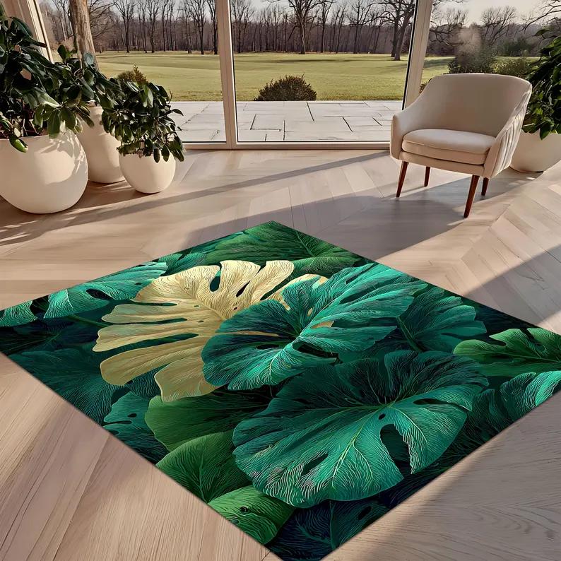 Tropical Leaves Pattern Carpet Mat Rug Natural Botanical Design Vacation Vibes Home Decoration for Living Room Bedroom Floor Mat