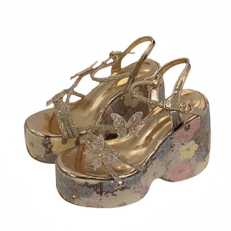 Fashion Liyke New Fashion Sequined Flowers Platform Wedge Sandals Women Open Toe Crystal Rhinestone Butterfly High Heels Party Prom Shoe
