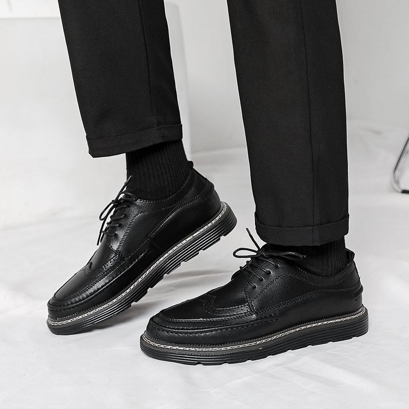 New Brogues Leather Platform Oxfords Lace Up Thick Tottom Male Derby Shoes Casual Loafers Mens Square Toe Formal Dress Shoes Men