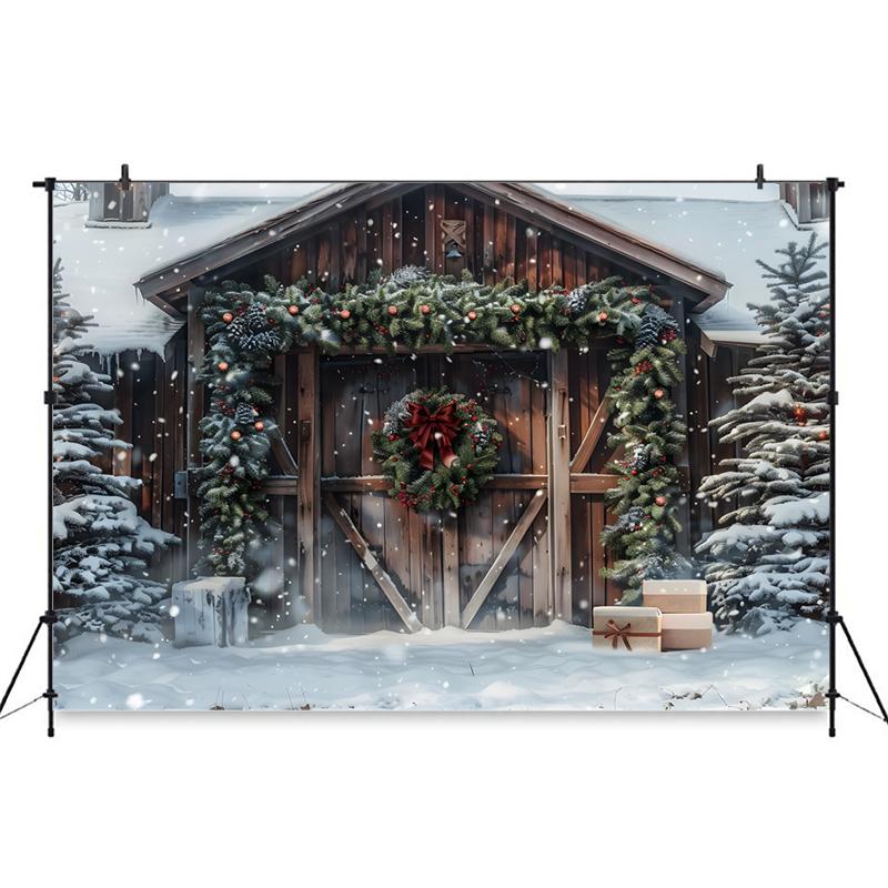 Mocsicka Christmas Backgrounds Photography Wood House Doors Winter Snow Tree Decorations Backdrops Party Wallpaper Studio Banner