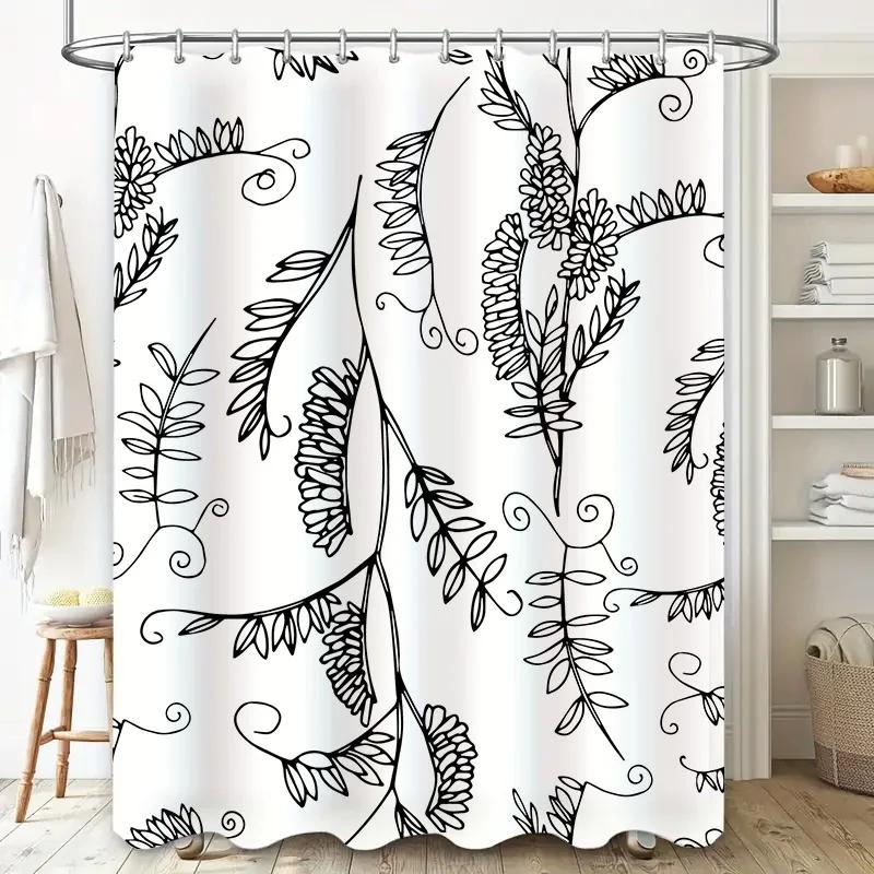 Vintage Black White Leaves Shower Curtain Waterproof Bath Rug Decoration Home Decorative Polyester Fabric Bathroom Decor 180x240