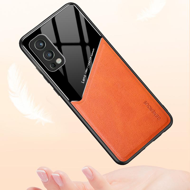 For OnePlus Nord 2 5G Case Leather+TPU+PC Smartphone Cover with Car Mount Metal Sheet