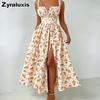 Summer New Low-Neck Tie-Up Ruffled High Waist Fresh Sweet Fruit Print Dress