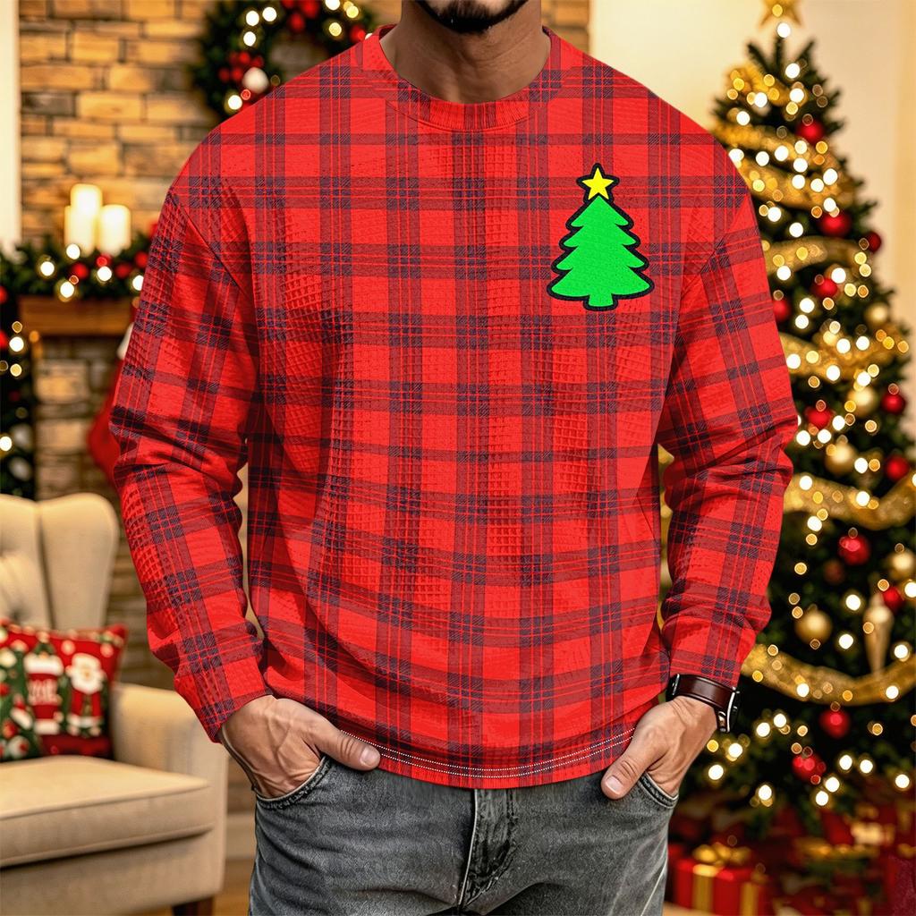 Men's Casual Knit Long Sleeve Neck Shirt with Christmas Print for Holiday and Everyday Wear