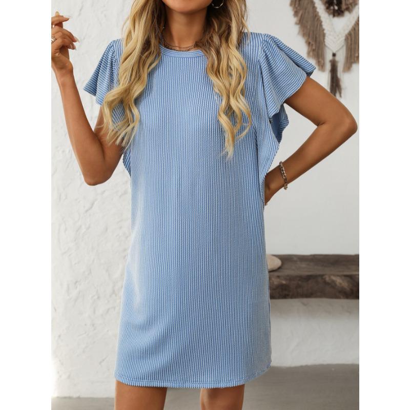 Summer Fashion Ruffled Short Sleeve Elegant Women Dress O Neck Loose Casual Simple A-line Stripes Party Short Dresses New Women's Clothing