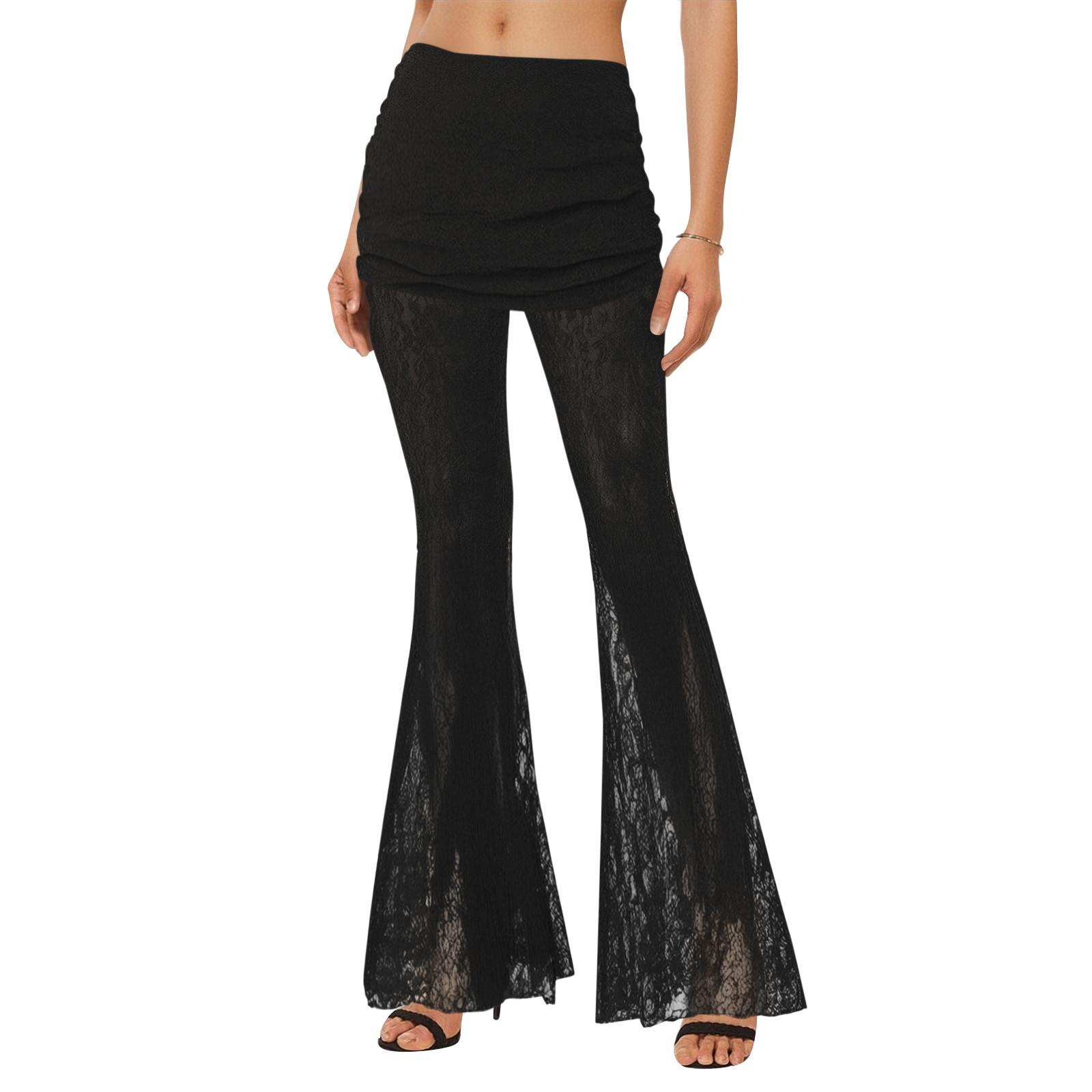 

Хэллоуин Женские Брюки Клеш из Прозрачной Сетки с Цветочным Кружевом, Эластичные с Завышенной Талией, Длинные XXL