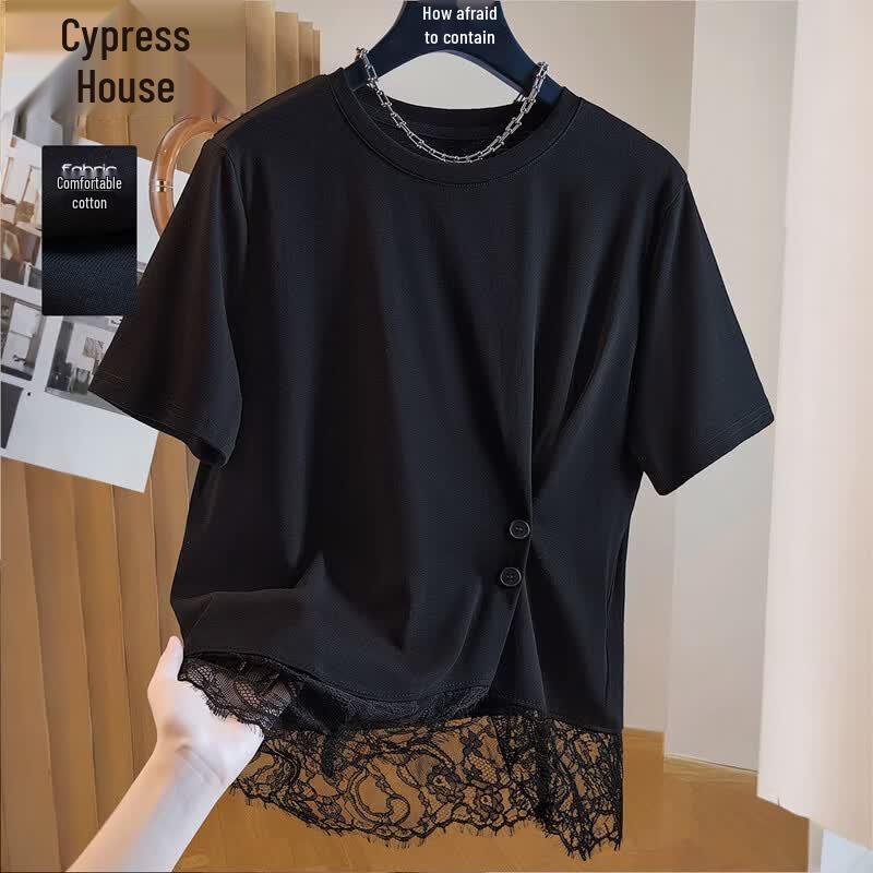 Women s Loose Fit Round Neck Short Sleeve T-shirt with Lace Trim One Size