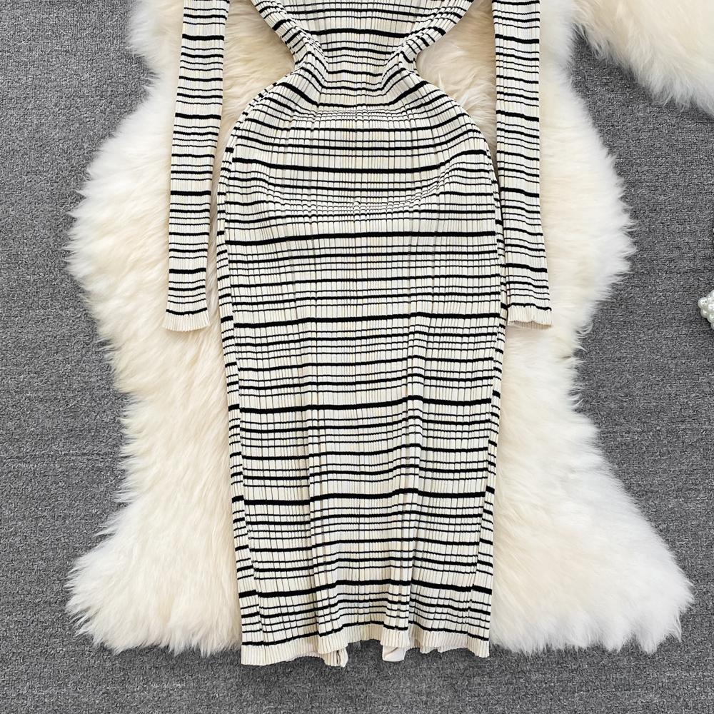 Vestido tipo suéter de punto a rayas con cuello vuelto para mujer, prendas de punto informales con un solo pecho hasta la rodilla, moda de otoño