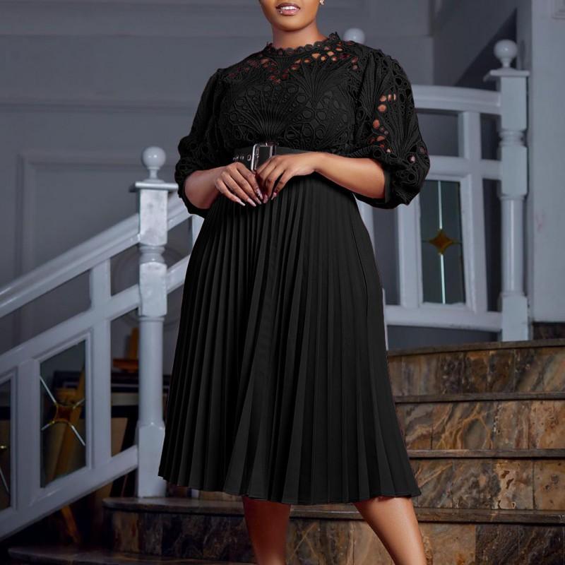 European American Women's Clothing New Fashionable Temperament Lace Hollow Out Sexy Pleated Large Size Dress