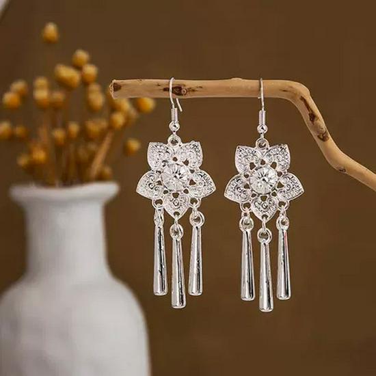 Peacock Tassel Earrings with Hollow Leaf Design in Retro Ethnic Style Imitation Silver for Women