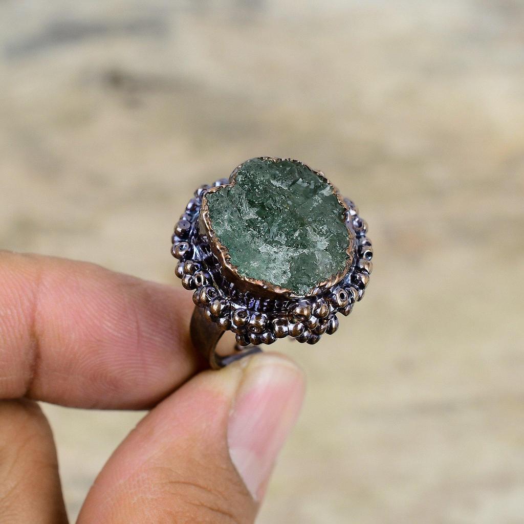 Green Tourmaline Rough Ring Electroformed Copper Adjustable Ring Gemstone Copper Jewelry Handmade Unique Ring Electroformed Jewelry For Gift
