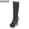 Winter Knee High Boots Women Autumn Knight Black White Large Size High Heels Platform Zipper Fashion Buckle Ladies Long Shoes