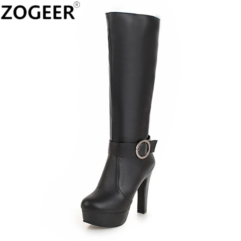 Winter Knee High Boots Women Autumn Knight Black White Large Size High Heels Platform Zipper Fashion Buckle Ladies Long Shoes