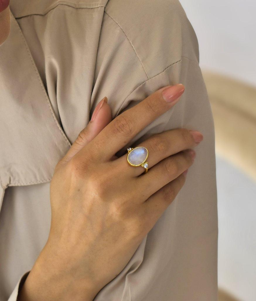 Natural Moonstone Rose Cut Ovalish Ring 14k Gold Ring for Women Faceted Moonstone Handmade Fashion Ring Healing Crystals Unique Jewelry