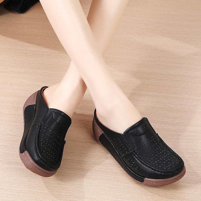 Women PU Leather Platform Slippers Hollow-out Fashion Casual Shoes Wedge Heels Casual Loafers Elegant Mother Shoes