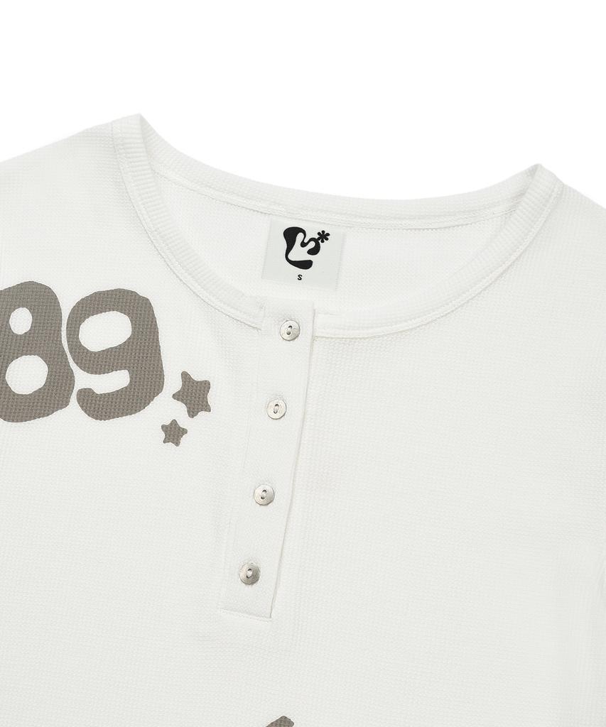 LMR Lettering Graphic Waffle Henley Neck Long Sleeve T-Shirt Ivory