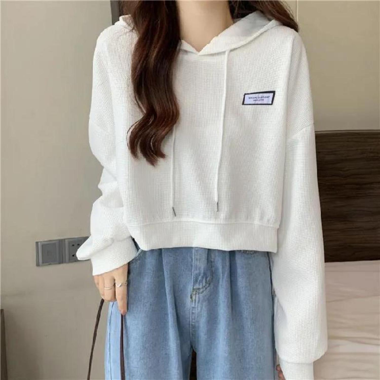 Women s Hooded Long Sleeve Cropped Sweatshirt Top Casual Loose Hoodie Tee M
