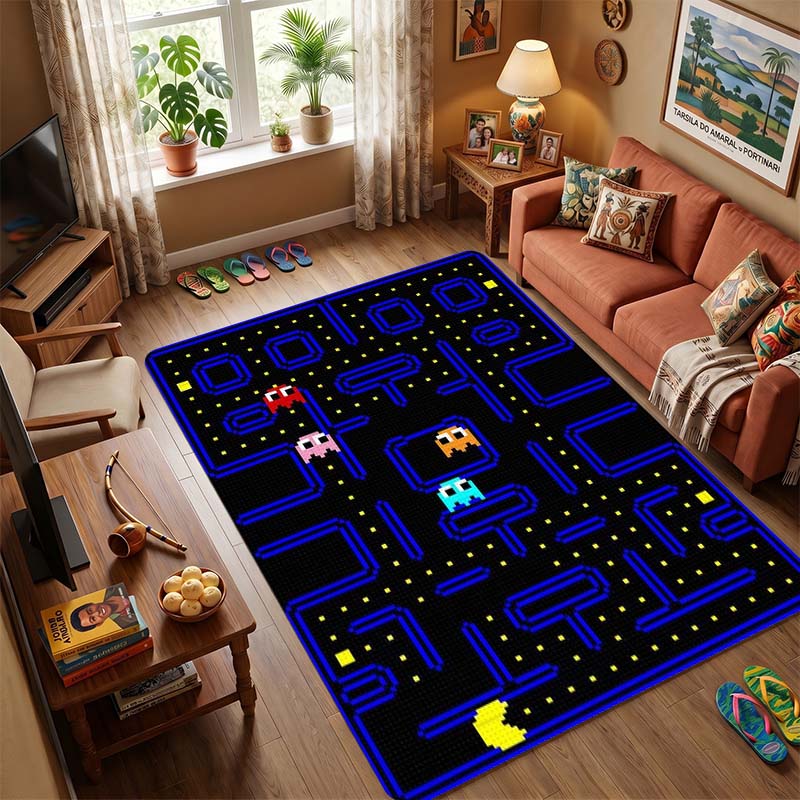 Pac-Man Retro Arcade Game Area Rug, Non-Slip Soft Floor Mat for Living Room Bedroom, Vintage 80s Game Carpet for Kids Room and Gamer Home Decor