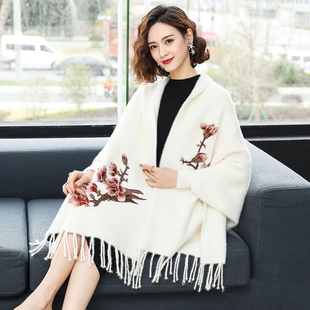 Tassel Embroidery Scarf Imitation Mink Fur Long Fringed Shawl  Wedding Party Evening Dresses