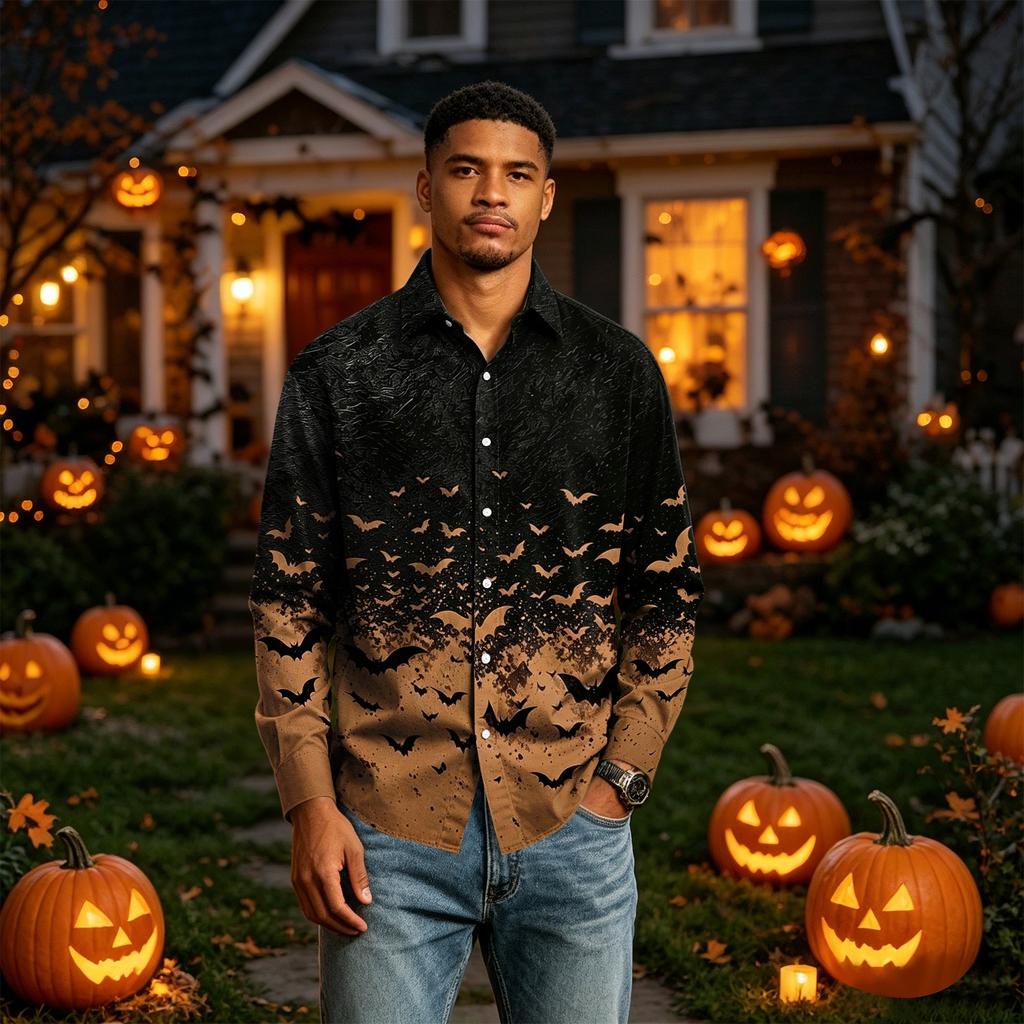 Men's Long Sleeve Button Down Halloween Print Shirt for Party Costume