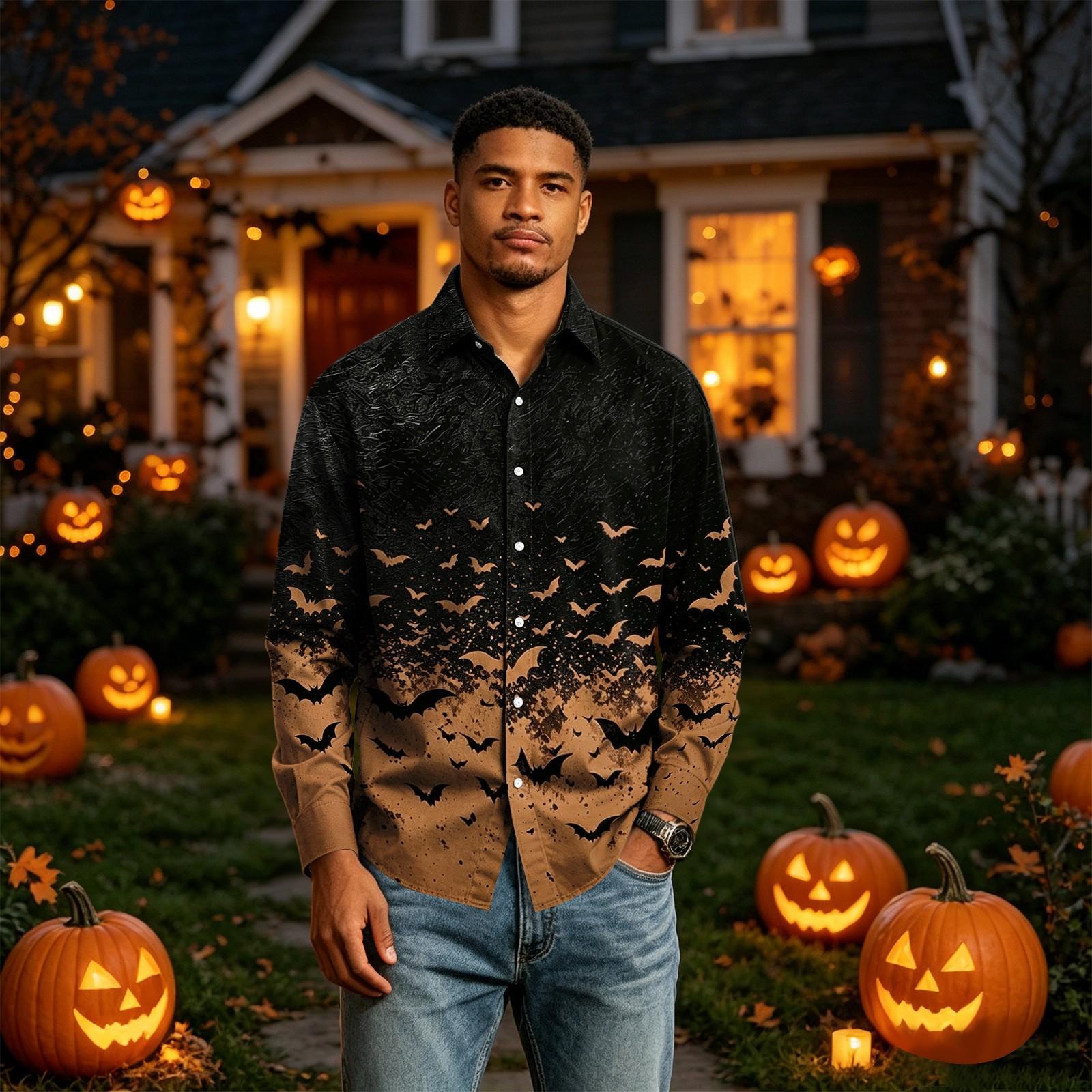 Men s Long Sleeve Button Down Halloween Print Shirt for Party Costume S