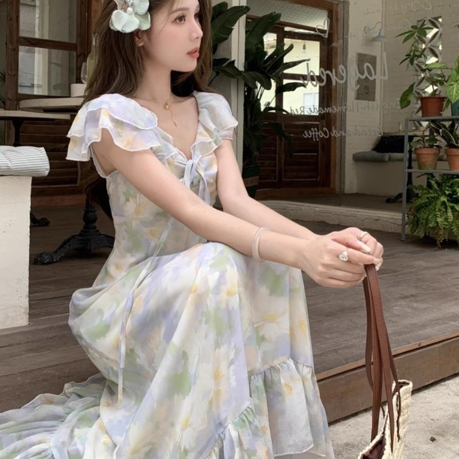 2026 French small flying sleeves floral chiffon dress women's summer gentle vacation temperament waist a-word skirt long dress