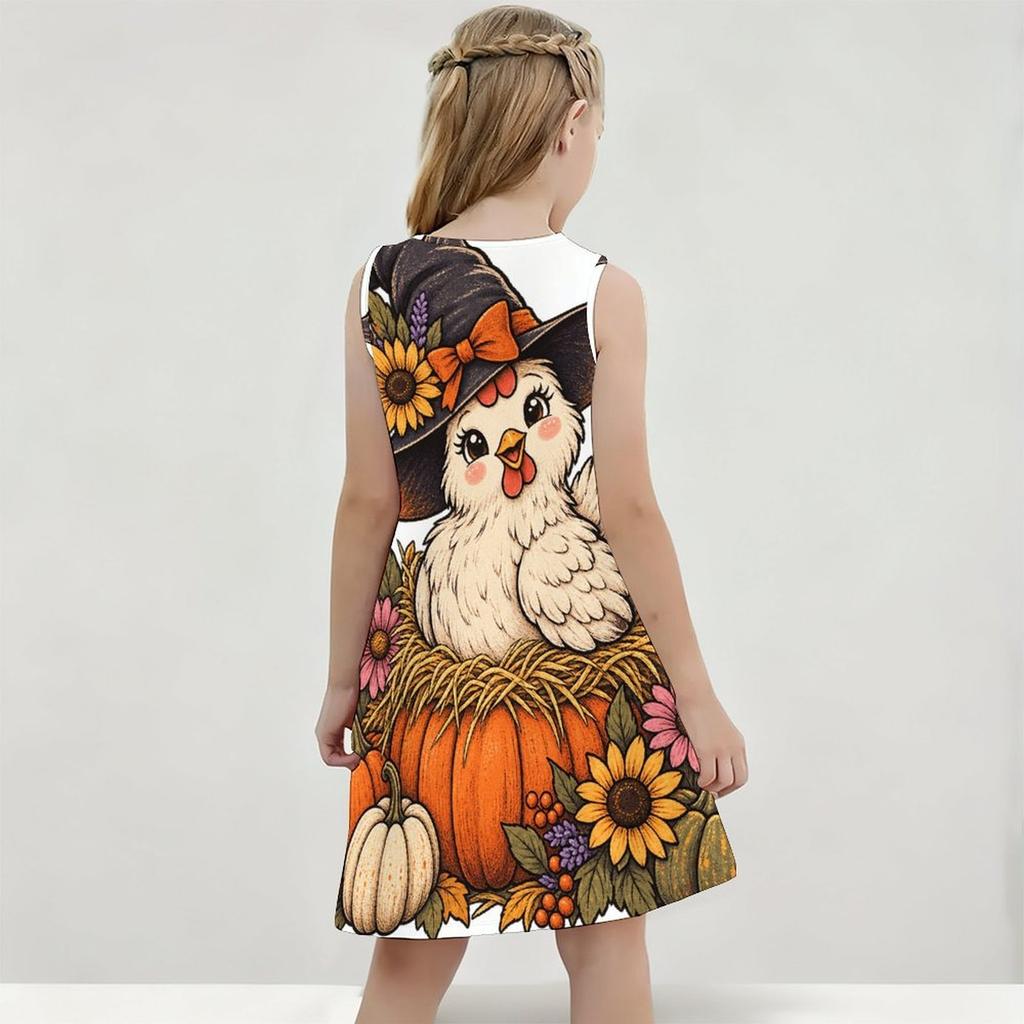 Girls Round Neck Sleeveless Cartoon Chicken Pumpkin Printed A Line Flared Dress