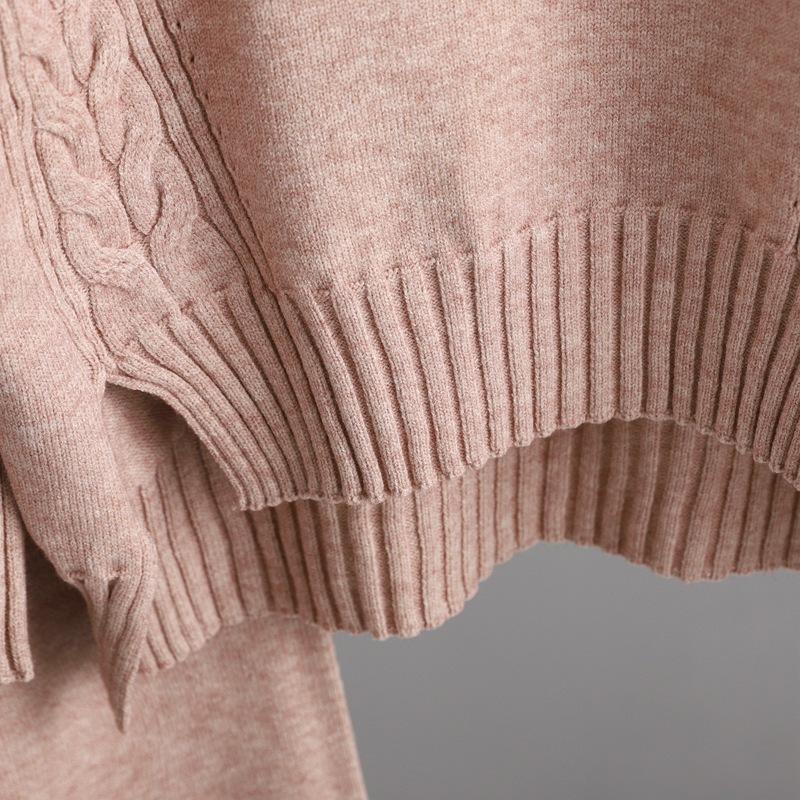 New Fashion Causal Knitted Pullover Suit Solid Color Half High Collar Wide Leg Pants Two Piece Set Autumn Winter