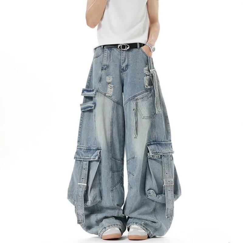 BeatStreet Herren Jeans Amerikanischer Stil Einfarbige Mehrere Taschen Lässige Abgetragene Hose Dekonstruktion Weiter Bein Jeanshose