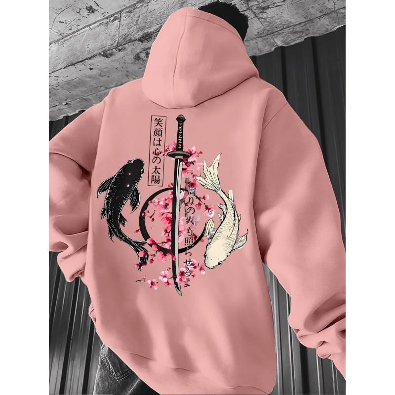 Unisex Oversized Hoodie Met Japanse Koi Zwaard Kerselbloesem Ukiyo-e Print Losse Pasvorm Streetwear