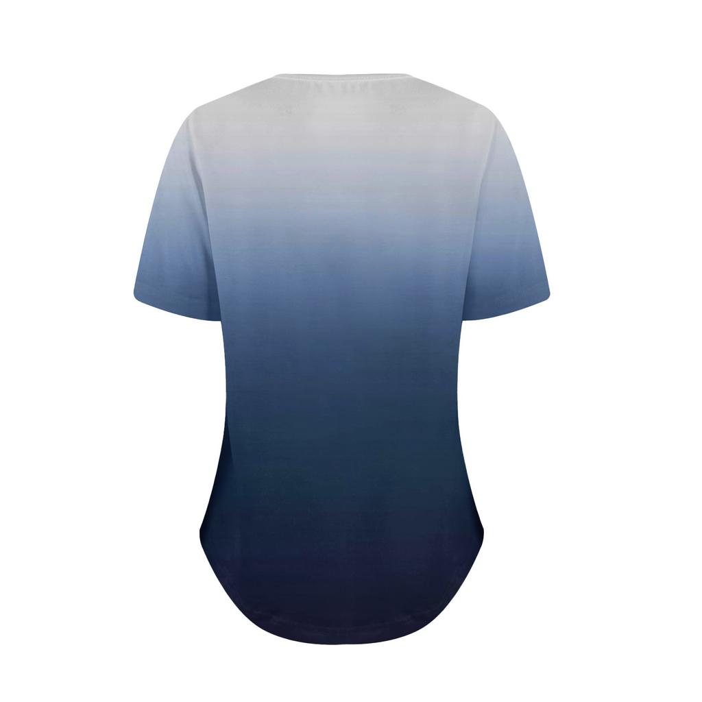 Women's Pleated Round Neck Gradient Print Short Sleeve T-shirt Hem Slit Top