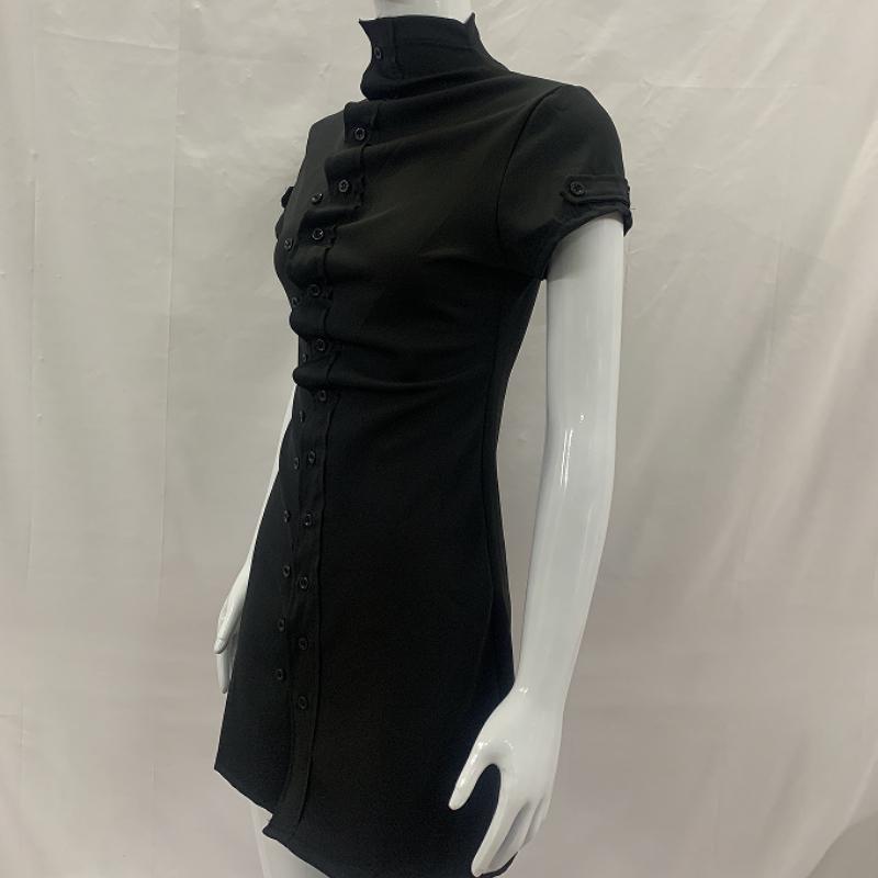 Sommer Vintage zweireihiges Stehkragen kurzärmeliges tailliertes eng anliegendes schwarzes Hüftkleid